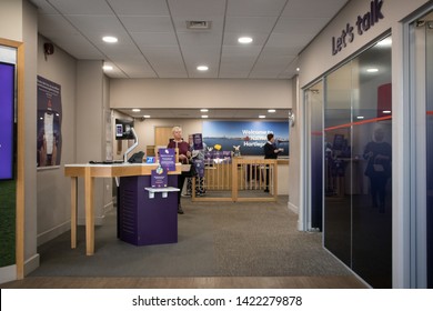 Hartlepool / Great Britain - April 20, 2019 : Interior Inside Of Natwest Bank High Street Branch Showing Counter With Customers