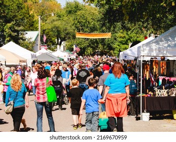 Hartsburg, MO,USA - 09,17,2015;  Fall Festival Scene With Tents For Street Vendors And Retailers And People Walking Around