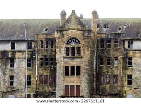 Hartwood Hospital, abandoned psychiatric asylum. Closer look at the facade and architectural features of the Baronial-style derelict building, Shotts, North Lanarkshire, Scotland
