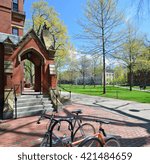 Harvard Old Yard from entrance of Matthews Hall