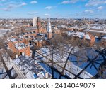 Harvard University Memorial Hall and Memorial Church in winter in Old Harvard Yard in historic center of Cambridge, Massachusetts MA, USA. 