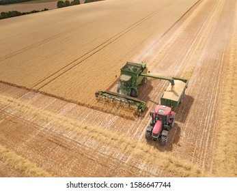 Harvest Aerial Overhead Of Combine Harvester Cutting Summer Oats Field Crop With Tractor Trailer On Farm