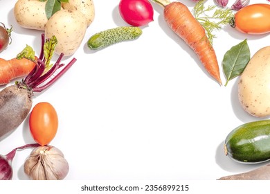 Harvest of autumn vegetables isolated on white background. Urban farm produce, hard light, dark shadow, flat lay, top view