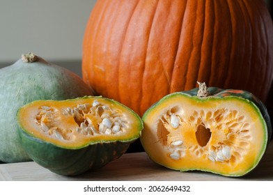 Harvest In The Fall Fresh Home Grown Organic Winter Squash Cut In Half Showing Seeds 