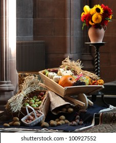 A Harvest Festival Display Inside A Country Church.