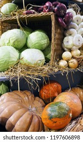 Harvest market. Pumpkins, cabbages, onion, garlic and hay. Thanksgiving day. Crop. Autumn concept.                                