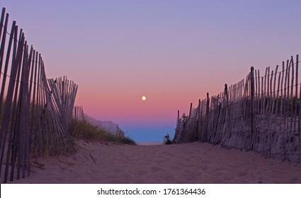 Harvest Moonrise at Sunset on New Hampshire Coast, Boardwalk to the Beach