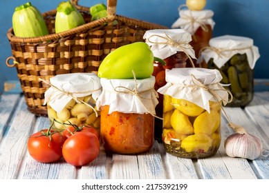 Harvest Preserve Concept Glass Jars With Fermented Pickled And Canned Vegetables And Blue Rustic Background Conservation Of Farm Organic Seasonal Harvest Healthy Homemade Food