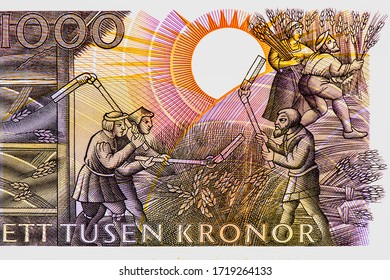 The Harvest and threshing scene from History of the Nordic Peoples, Portrait from Swedish 1000 Kronor 2006 Banknotes. 
