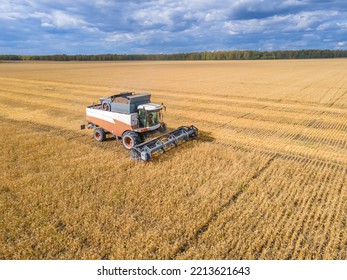 Harvest Wheat Grain And Crop Aerial View.Harvesting Wheat,oats, Barley In Fields,ranches And Farmlands.Combines Mow In The Field.Agro-industry.Combine Harvester Cutting On Wheat Filed.Machine Harvest