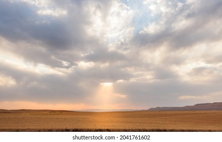 harvested Wheat field with partly cloudy sky with sunlight passing through in Kurdistan province, iran