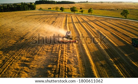 Similar – A combine harvester is harvesting grain crops on a cornfield in the evening sun seen from above