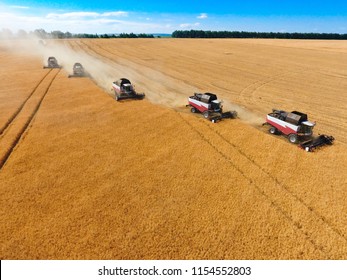 Harvester Machine Working In Field . Combine Harvester Agriculture Machine Harvesting Golden Ripe Wheat Field. Agriculture. Aerial View. From Above.