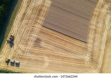 Harvester and tractor harvests wheat on a field, Aerial View - Shutterstock ID 1472662244