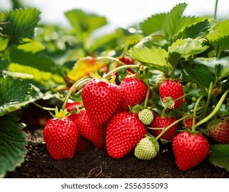 Harvesting of fresh ripe big organic red strawberry fruit in own garden. 