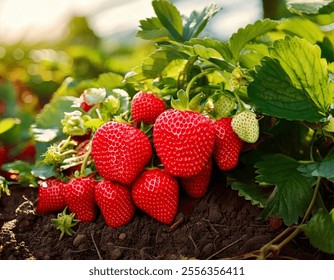 Harvesting of fresh ripe big organic red strawberry fruit in own garden. 