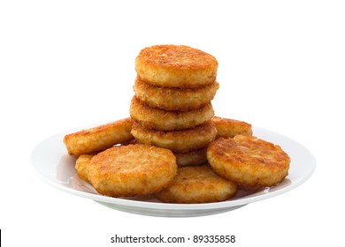 Hash Browns On White Plate, Isolated On White Background.