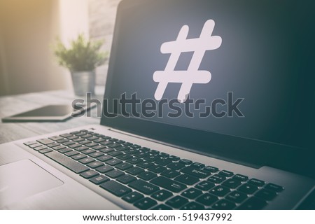 hashtag post viral web network media tag business topics topic success laptop notebook content sharing concept - stock image