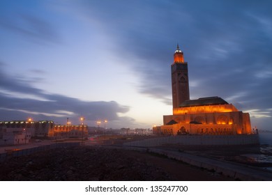 Hassan II Mosque In Casablanca In Night, Morocco Africa