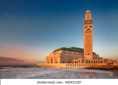 The Hassan II Mosque is the largest mosque in Morocco. Shot  after sunset at blue hour in Casablanca.