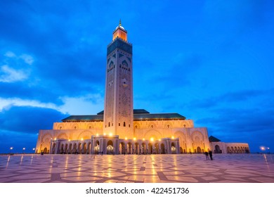 The Hassan II Mosque at the night in Casablanca, Morocco. Hassan II Mosque is the largest mosque in Morocco and one of the most beautiful.