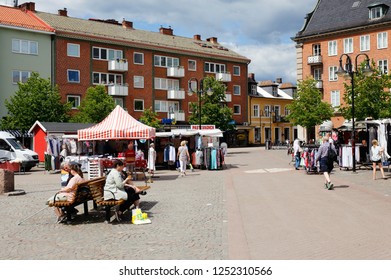 Hassleholm, Sweden - June 26, 2018: View of the Hassleholm town square with market stalls