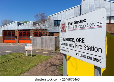 Hastings, East Sussex, United Kingdom - April 16th 2022: Signage Outside The Community Fire Station On The Ridge At Orr Part Of The East Sussex Fire And Rescue Service