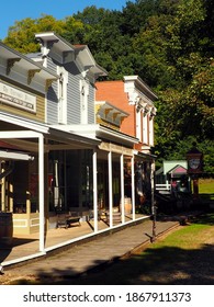 Hastings, MI, USA - September, 20, 2020: Historic Charlton Park, Main Street Area. Print Shop, General Store, Hardware Store And Historic Clock. Authentic Historic Buildings With Porticos. No People.