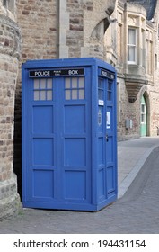 HASTINGS, UK - MAY 17. A vintage police and public telephone box on May 17, 2014, now popularised as a Tardis, the fictional time machine in the TV Doctor Who programmes, at Hastings, Sussex, UK.