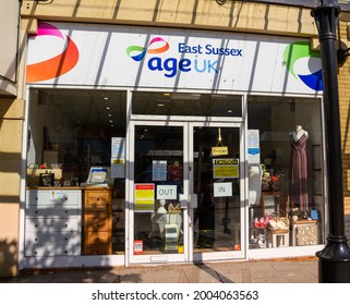 Hastings, United Kingdom - July 31 2020:  The Frontage Of Age UK Charity Shop In Queens Road