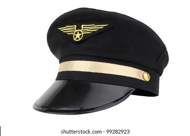 hat of airline pilots with gold insignia, isolated on a white background