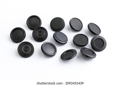 Hat Buttons For Clothes Of A Flat Shape On A White Background. Metallic Decorative Button For Bags And Outerwear. Sewing Accessories For Clothing And Accessories. 