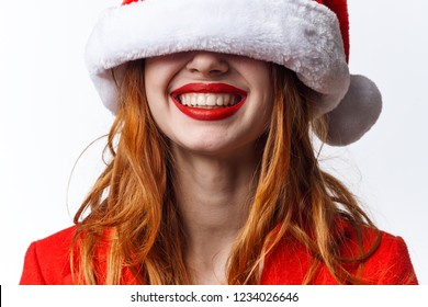 Hat In The Eyes Of A Happy Woman With A Dazzling Smile Christmas Holiday New Year                  