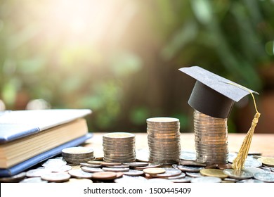 Hat Graduation Model On Money Coins Saving For Concept Investment Education And Scholarships