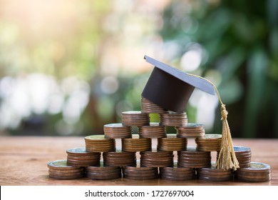 Hat Graduation Model On Money Coins Saving For Concept Investment Education And Scholarships