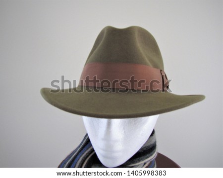 Hat parade using polystyrene head.   Male model wearing soft brown felt hat.   Soft focus and interesting lighting