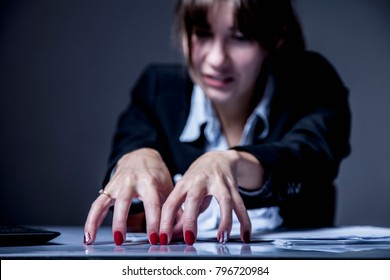 I Hate My Boss! Portrait Of Sad And Nervous Business Woman Working Overtime With Low Wages Without Career Perspective. (Body Language, Gestures, Psychology Concept)