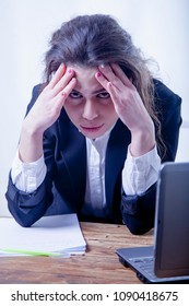 I Hate My Office Work. Portrait Of Young Business Woman Working Overtime With Low Wages Without Career Perspective. (Body Language, Gestures, Psychology Concept)