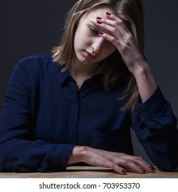 I Hate My Office Work. Portrait Of Young Business Woman Working Overtime With Low Wages Without Career Perspective. (Body Language, Gestures, Psychology Concept)