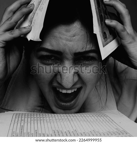 I hate my office work. Portrait of young business woman screaming from pain and asking for help. Professional burnout, body language, gestures, psychology concept. Black and white image.