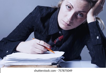 I Hate My Office Work. Young Businesswoman Working With Documents. Low Wages, Overtime Working Hours, Lack Of Career Prospects Concept. (Body Language, Gestures, Psychology)