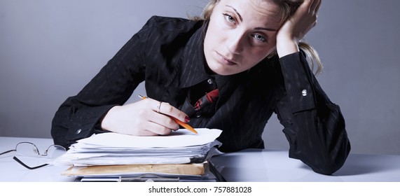 I Hate My Office Work. Young Businesswoman Working With Documents. Low Wages, Overtime Working Hours, Lack Of Career Prospects Concept. (Body Language, Gestures, Psychology)