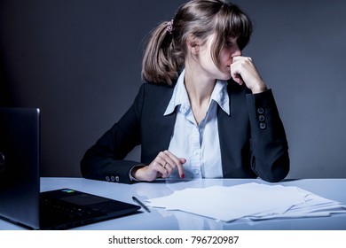 I Hate My Office Work. Young Sad Businesswoman As Symbol Of Low Wages And Lack Of Career Prospects. (Body Language, Gestures, Psychology Concept)