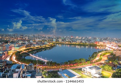 Hatirjheel Lakefront Landmark Building And Landscape Light Night With Skyline Of Dhaka City, Bangladesh - Drone Birds Eye View