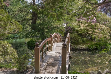 Hatley Park Located At Colwood (Victoria) BC Is A National Historic Site. This Wooden Pedestrian Bridge Is Located At The Japanese Garden At Hatley Park