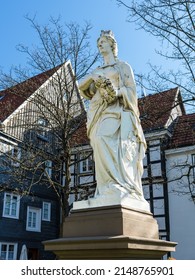 Hattingen, Germany - April 19, 2022: War Memorial Hattingia, German Unit, War 1870, 1871, Laurel Wreath, Sculpture, Church, Old Town, Hattingen, NRW, Nordrhein-Westfalen.