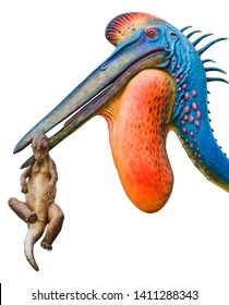 Hatzegopteryx Eating Baby Titanosaurus, Hatzegopteryx Is A Carnivore Genus Of Azhdarchid Pterosaur And Lived During The Late Of Maastrichtian, Isolated On White Background With Clipping Path