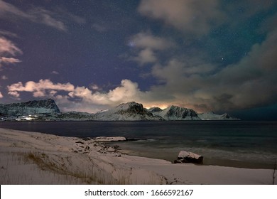 Hauklandbeach, Leknes Lofoten, Norwy     -03 06 2019: Haukland Beach At Night With Starry Stars At Sky And Clouds