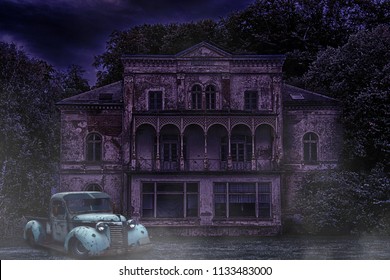 Haunted Abandoned House And Damaged Car In Front