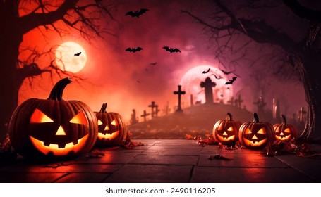 Haunted background with illustrations of pumpkins, a cemetery and bats in the middle of a full moon. Premium illustration for banners, posters, greetings and Halloween celebrations. - Powered by Shutterstock